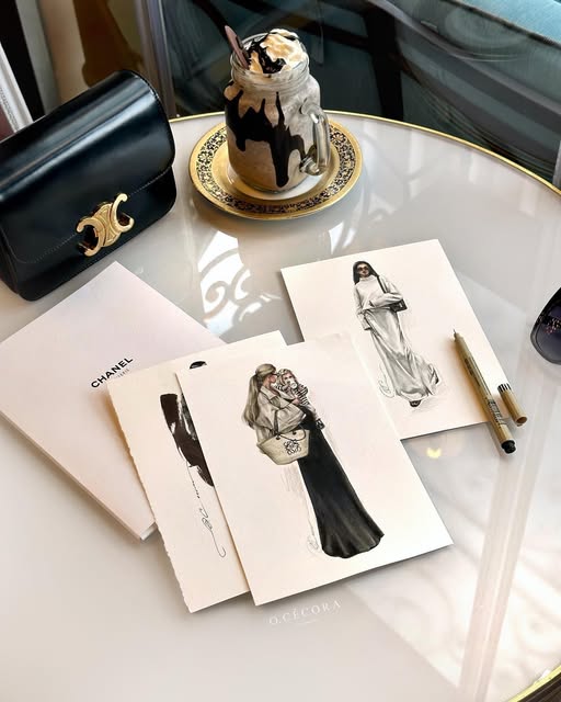 Fashion illustrations by Olga Nikitina, photographed on a café table